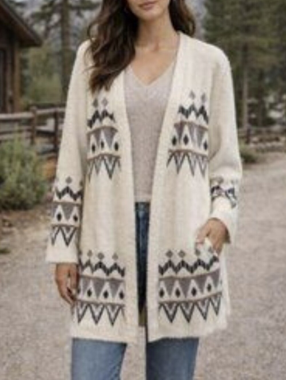 Belldini Ivory Aztec Open-Front Cardigan with Gray and Taupe Accents Size 1X